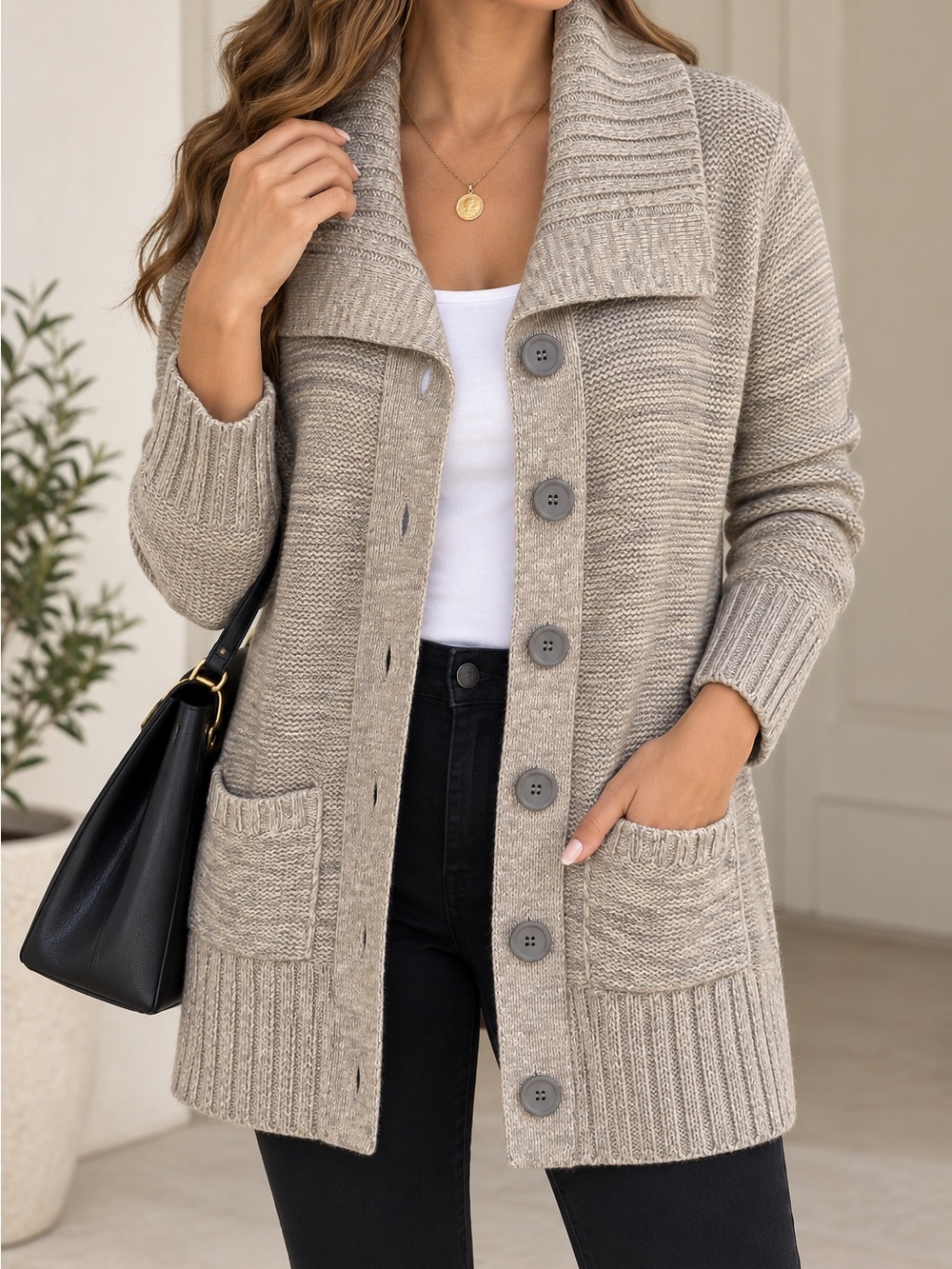 Stephanie Rogers Beige Knit Shawl Collar Long Cardigan Sweater L - Picture 1 of 14
